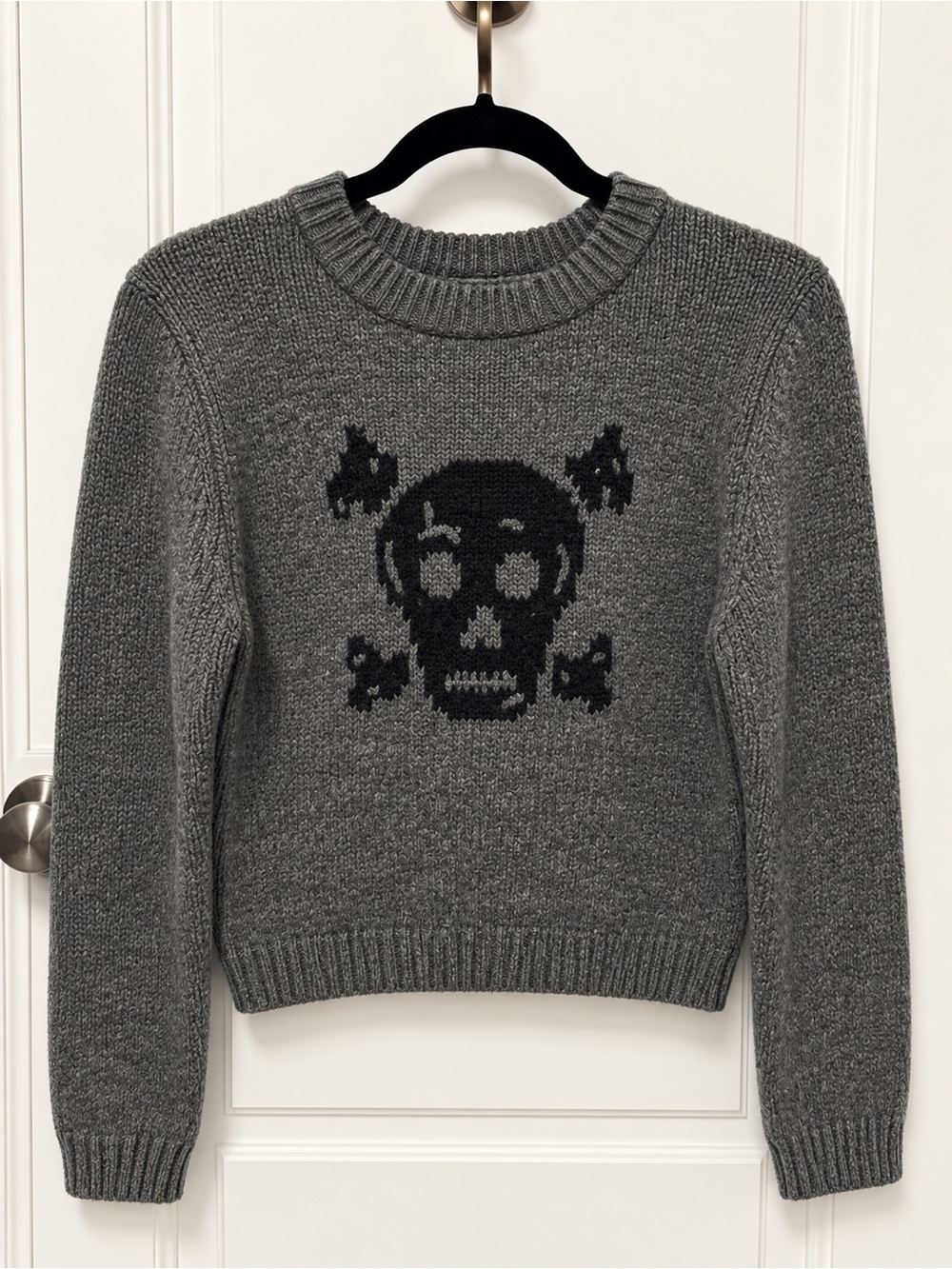 Vintage Women’s Lucky Brand Wool Gray Crewneck Sweater with Black Skull. Size L
